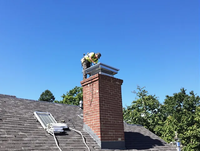 Powell Chimney Sweep technician measuring a chimney cap in Powell, OH