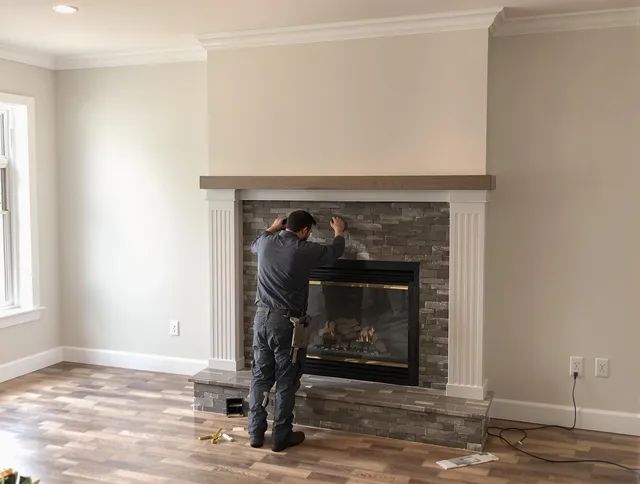 Powell Chimney Sweep finishing a custom fireplace install in Powell, OH